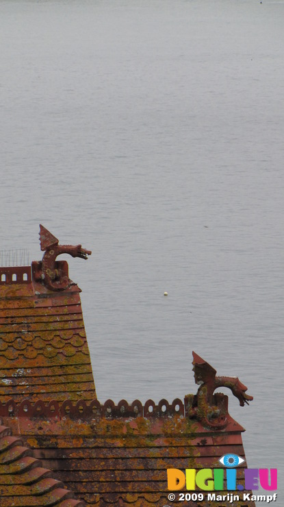 SX08784 Dragons on top of roof of Newquay house